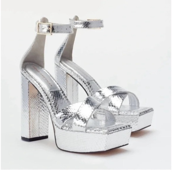 Good American Size: 9 Platform Block Heel Sandals Silver Snake - Picture 2 of 8